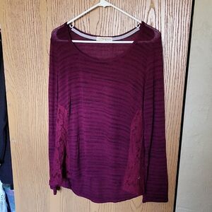 Rewind Burgundy Long-Sleeve Lace-Inset Scoop Neck Top